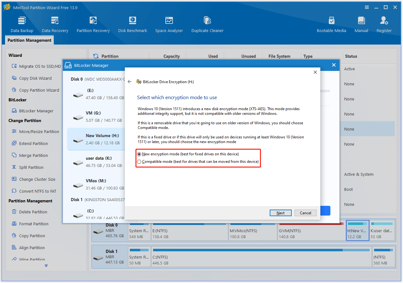 The BitLocker Drive Encryption window where to choose an encryption mode.