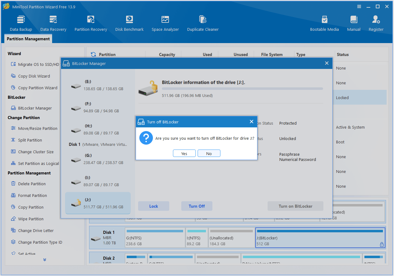 MiniTool Partition Wizard interface with BitLocker Manager window for confirming turning off BitLocker operation.