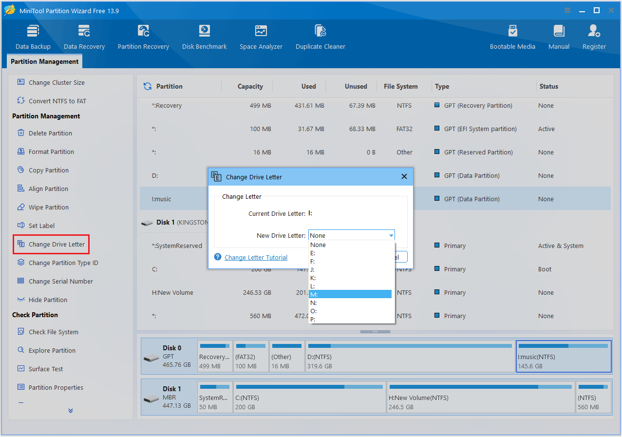 The Change Drive Letter interface with the selected a drive letter.