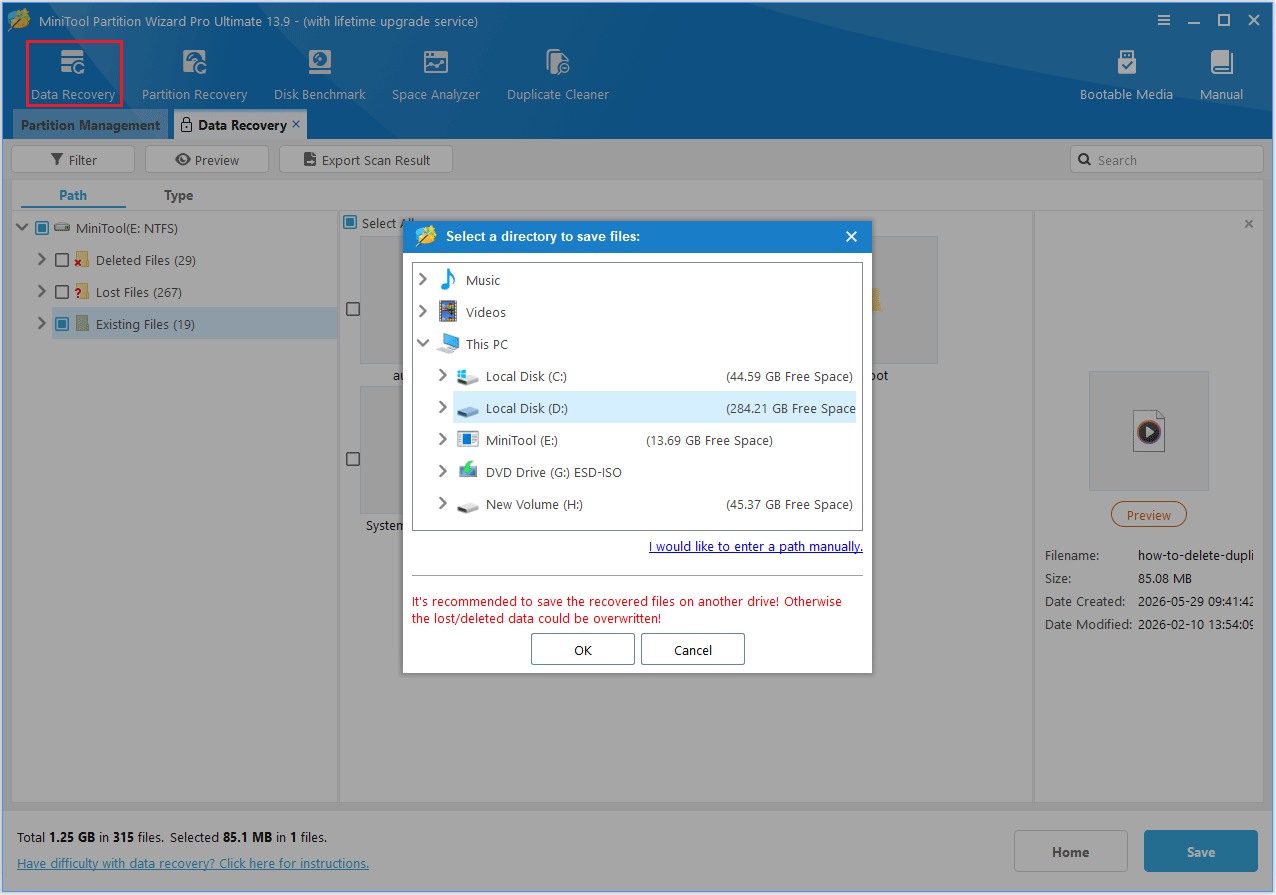 The Select a directory to save files interface with the selected OK option.