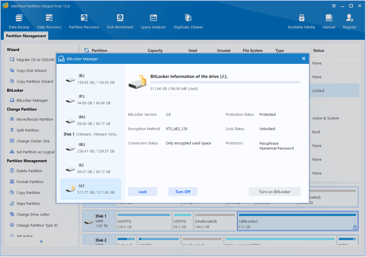 MiniTool Partition Wizard interface with BitLocker Manager window opened and the Unlock button highlighted.