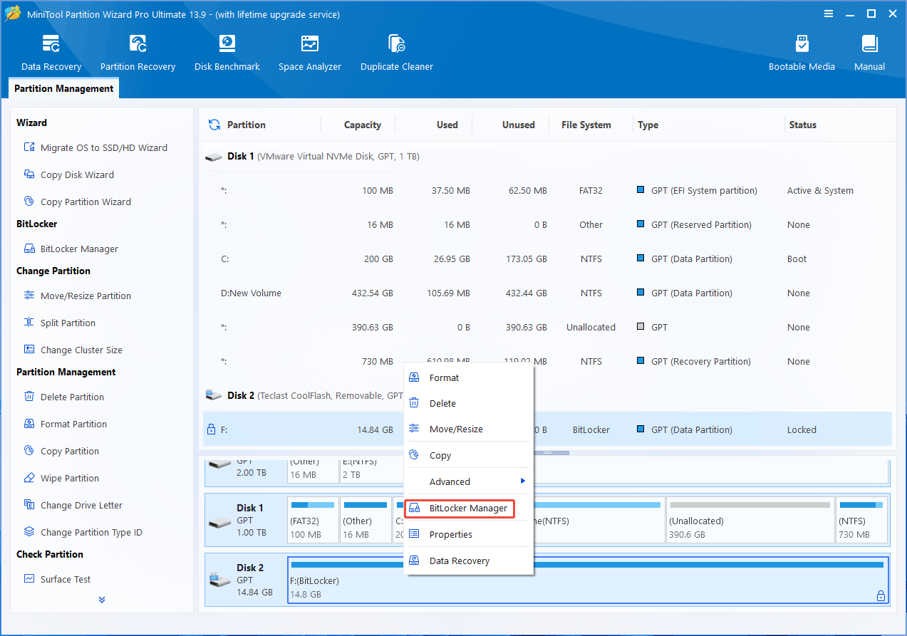 MiniTool Partition Wizard interface with the selected BitLocker Manager option.