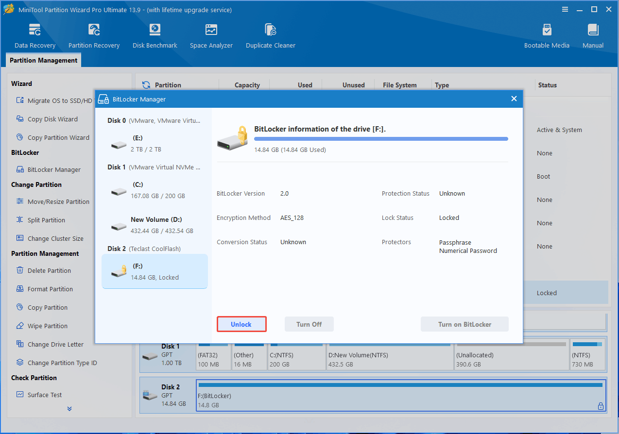MiniTool Partition Wizard interface with the BitLocker Manager window and the selected Unlock button.