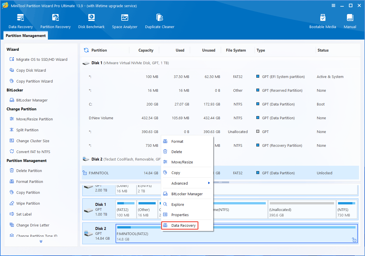 MiniTool Partition Wizard interface with the selected Data Recovery feature in right click menu.