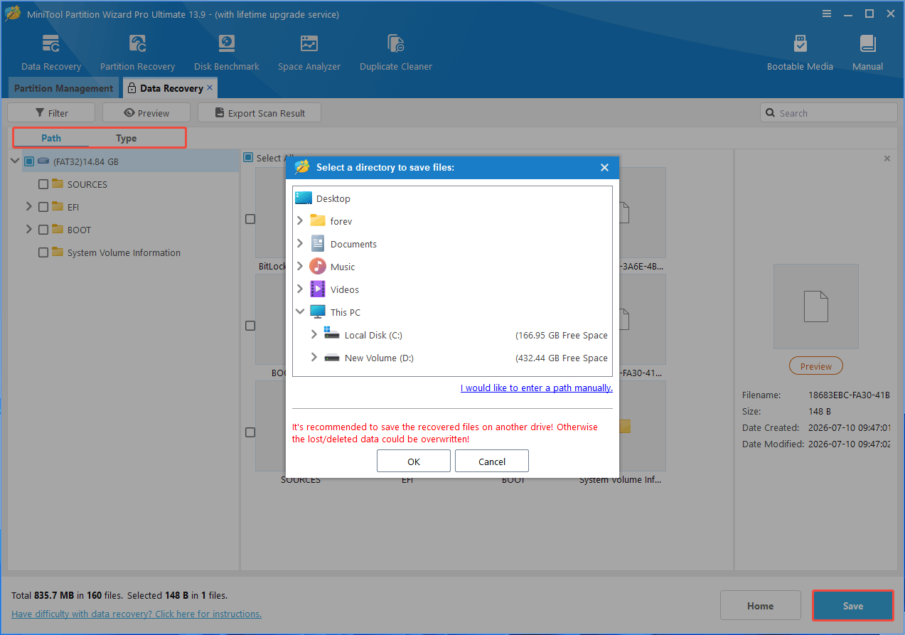 MiniTool Partition Wizard interface Data Recovery tab with a window allowing you to select a location to store recovered files.