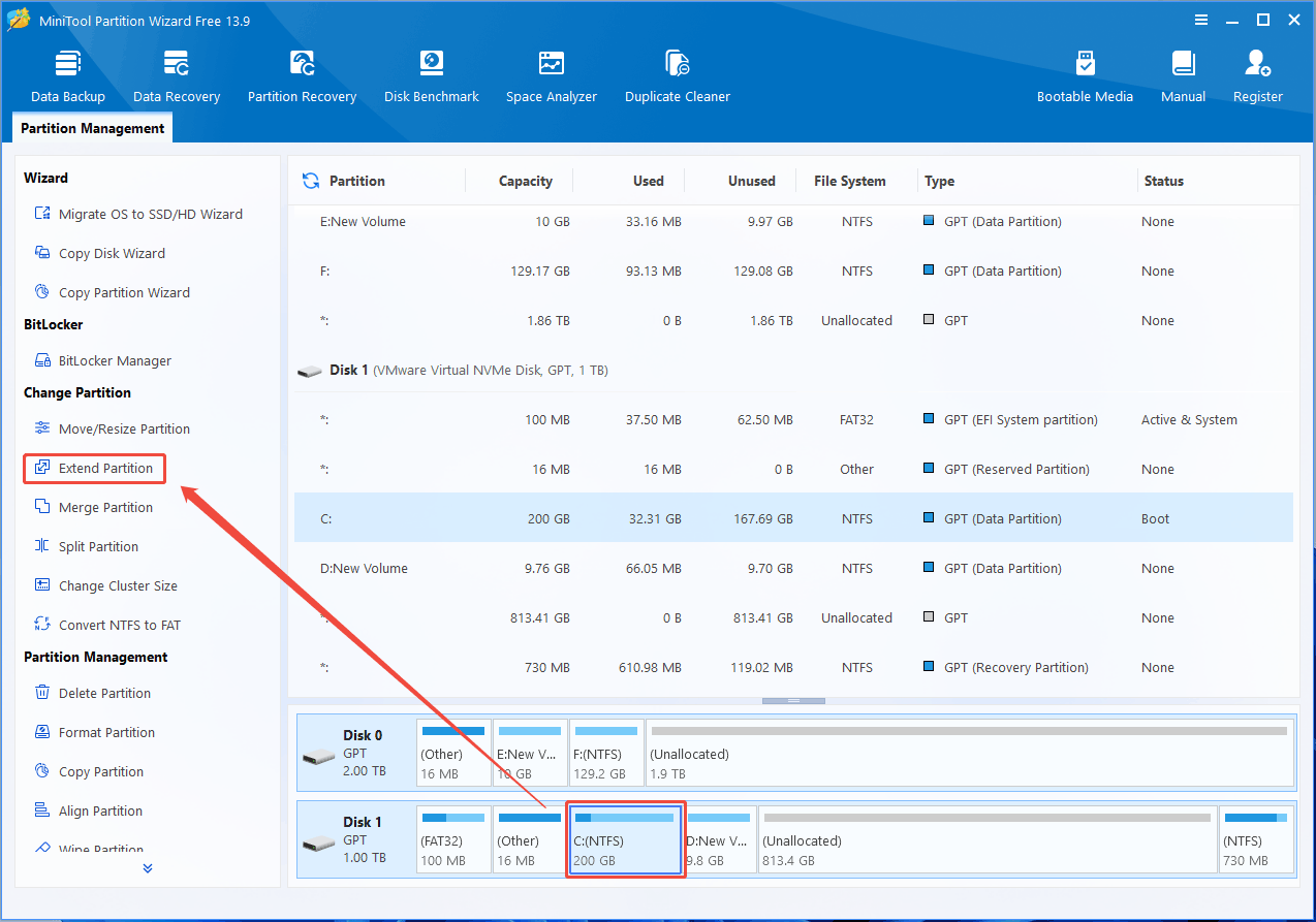 MiniTool Partition Wizard interface with the selected Extend Partition feature in the action panel.