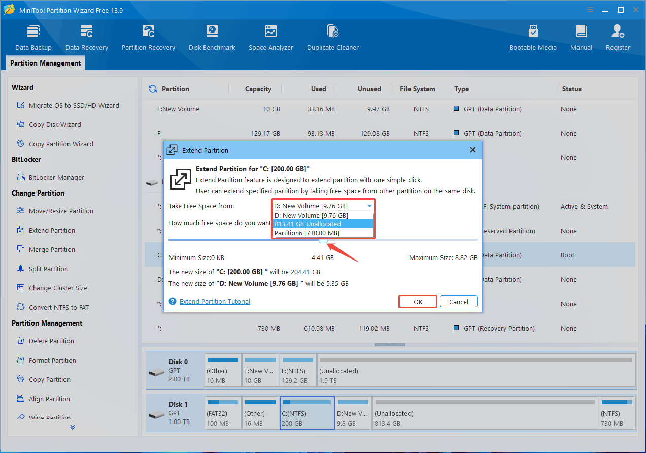 MiniTool Partition Wizard interface with the Extend Partition window showing where to take free space.
