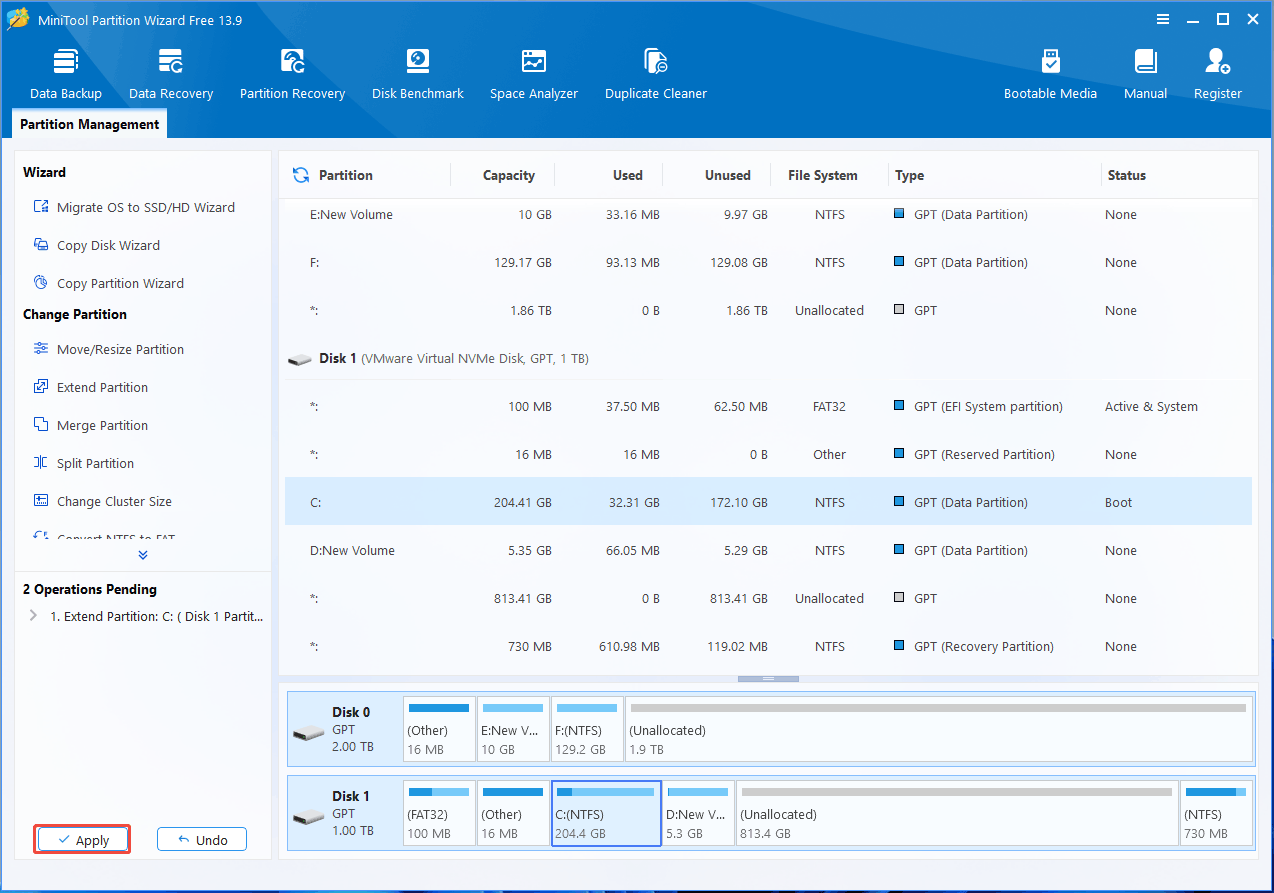 MiniTool Partition Wizard interface with the selected Apply button.