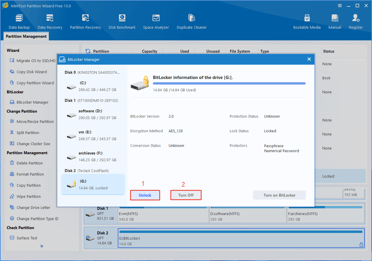 BitLocker मैनेजर विंडो और चयन योग्य लॉक और डिसेबल बटन के साथ मिनीटूल पार्टीशन विज़ार्ड इंटरफ़ेस।