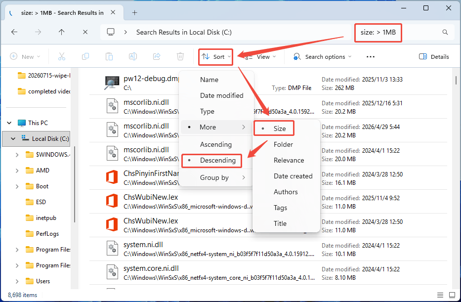 Window File Explorer interface showing the command to find files larger then 1MB and the file size descending sort method. 