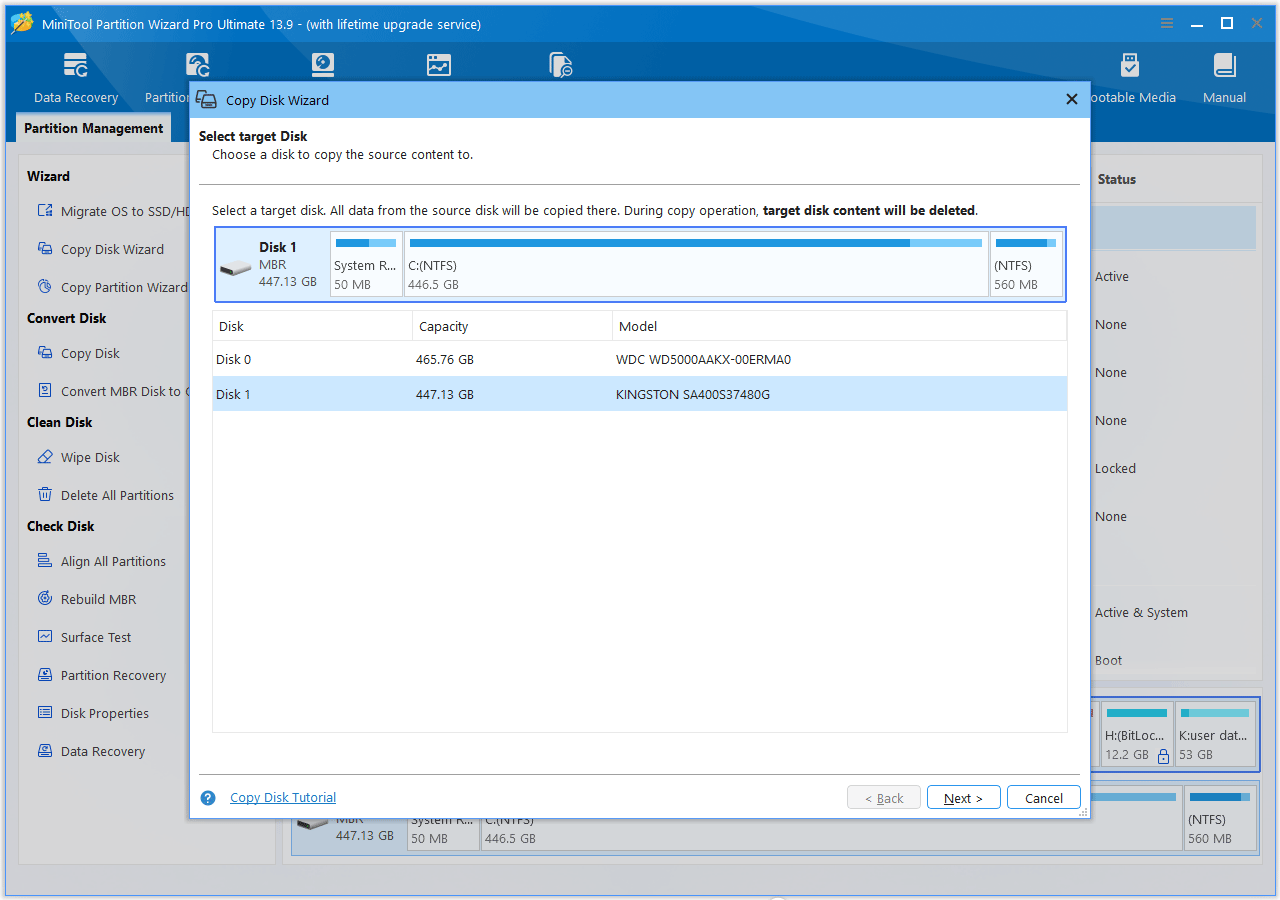 The MiniTool Partition Wizard interface with the target disk selection window shown.