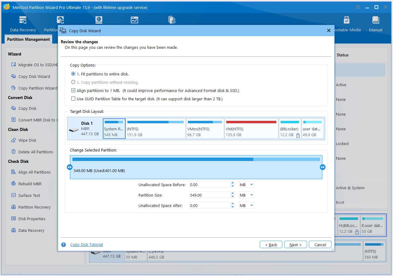 The MiniTool Partition Wizard interface with the review the changes window shown.