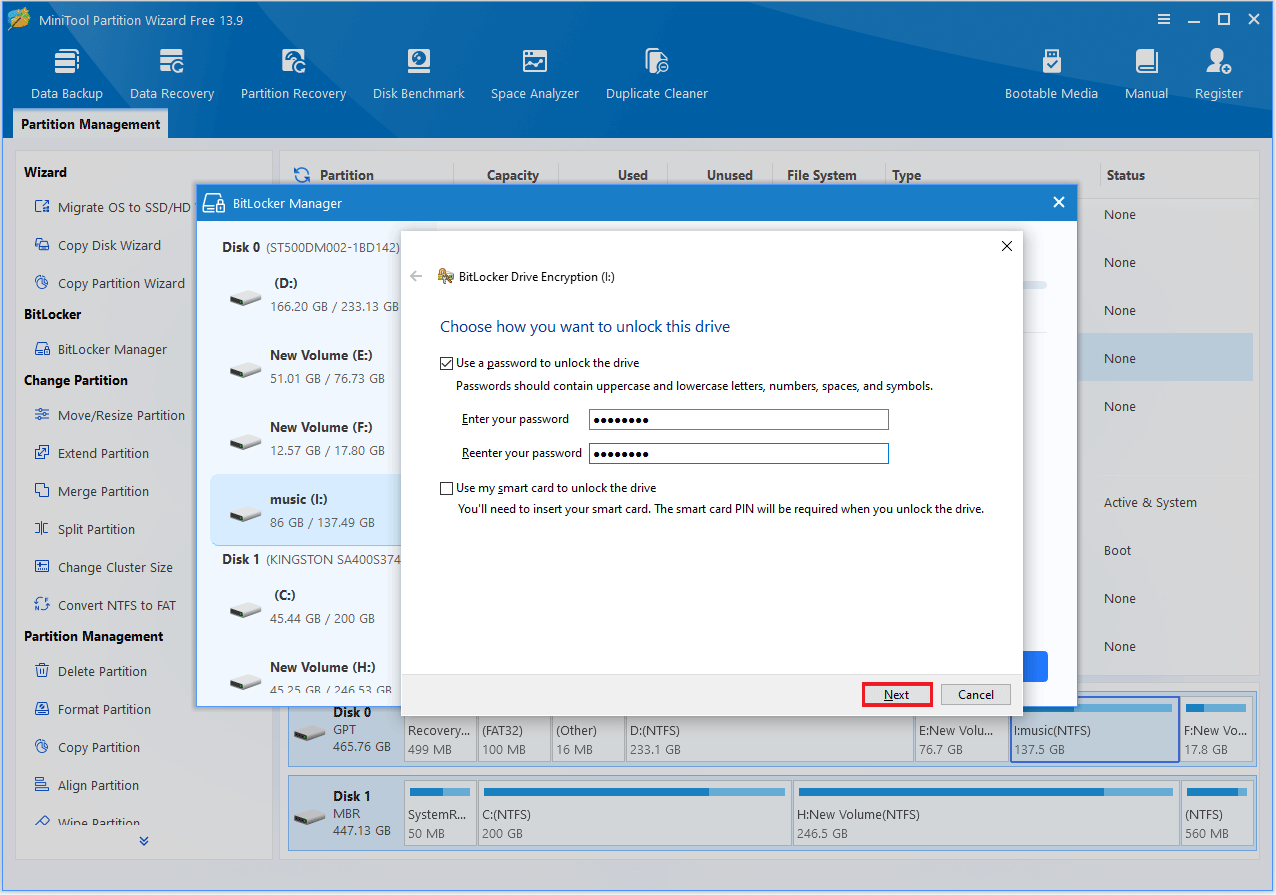 The BitLocker Drive Encryption window where to choose a method to unlock the drive.