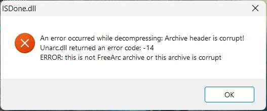 ISDone DLL Error showing error code 14.
