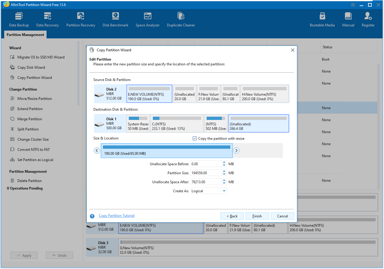 The MiniTool Partition Wizard interface with the Copy Partition Wizard window show.