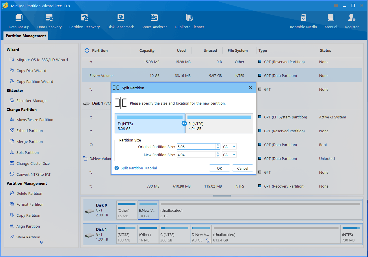 MiniTool Partition Wizard interface with the Split Partition window.