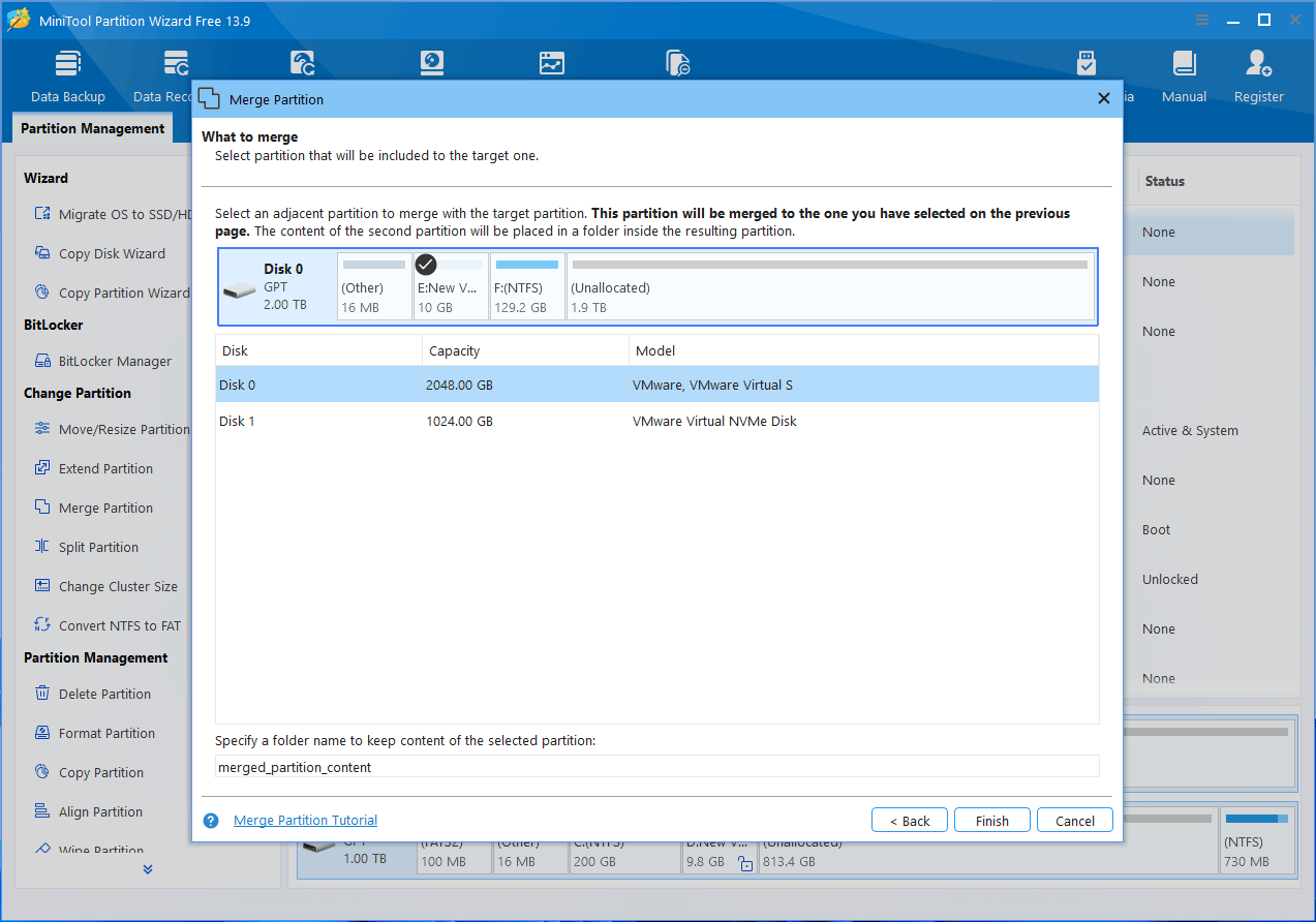 MiniTool Partition Wizard interface with the Merge Partition window asking you to choose partition that will be included to the target drive.