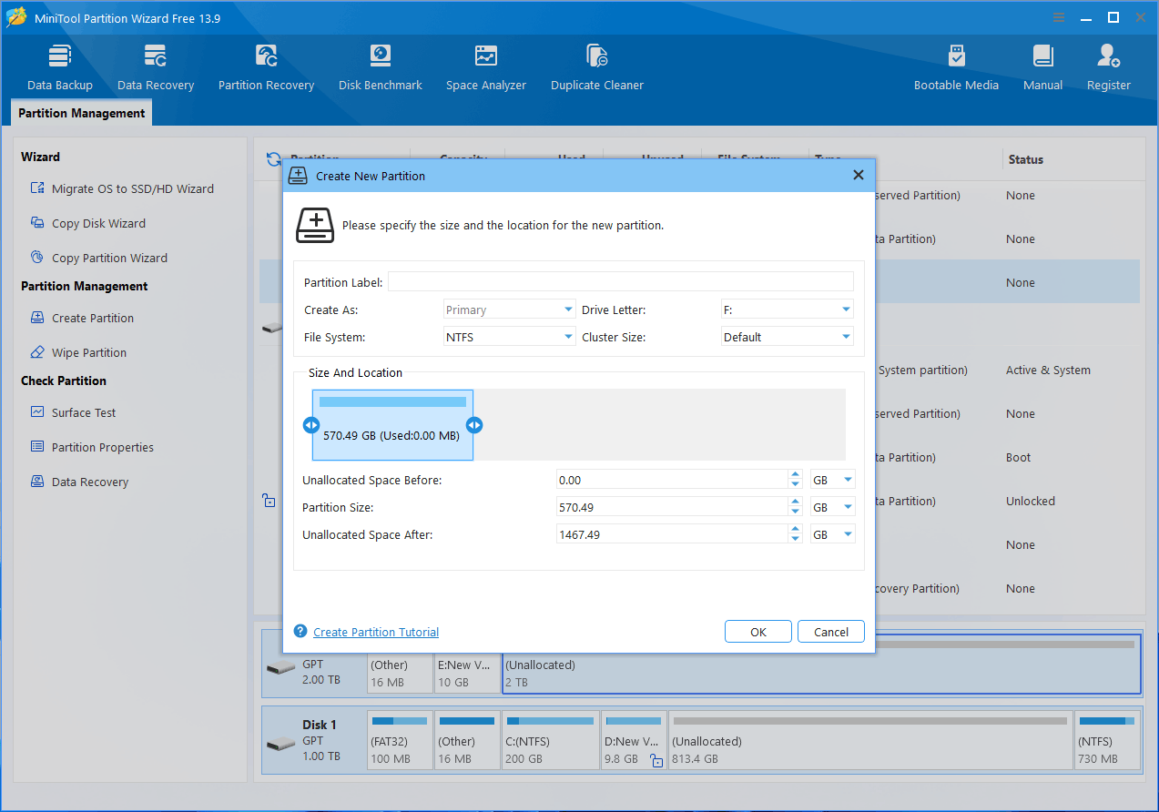 MiniTool Partition Wizard interface with the Create New Partition window.