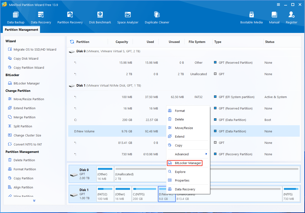 MiniTool Partition Wizard interface with the selected BitLocker Manager option.
