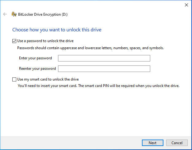 BitLocker Drive Encryption window asking you choose how to unlock the drive.