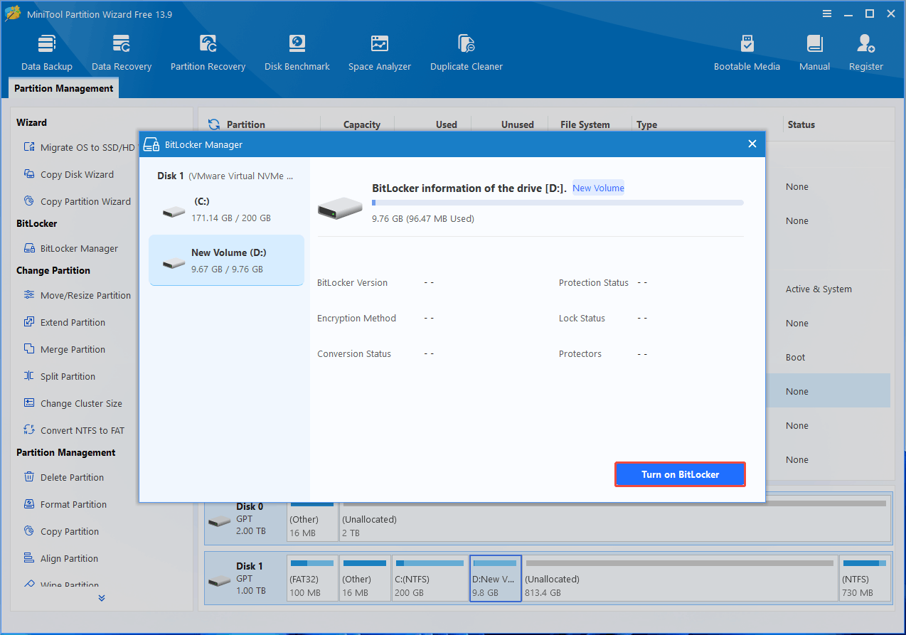 MiniTool Partition Wizard interface with the BitLocker Manager window and the selected Turn on BitLocker button.