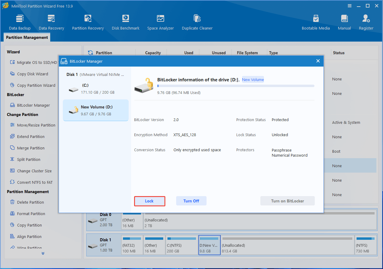 MiniTool Partition Wizard interface with the BitLocker Manager window and the selected Lock button.