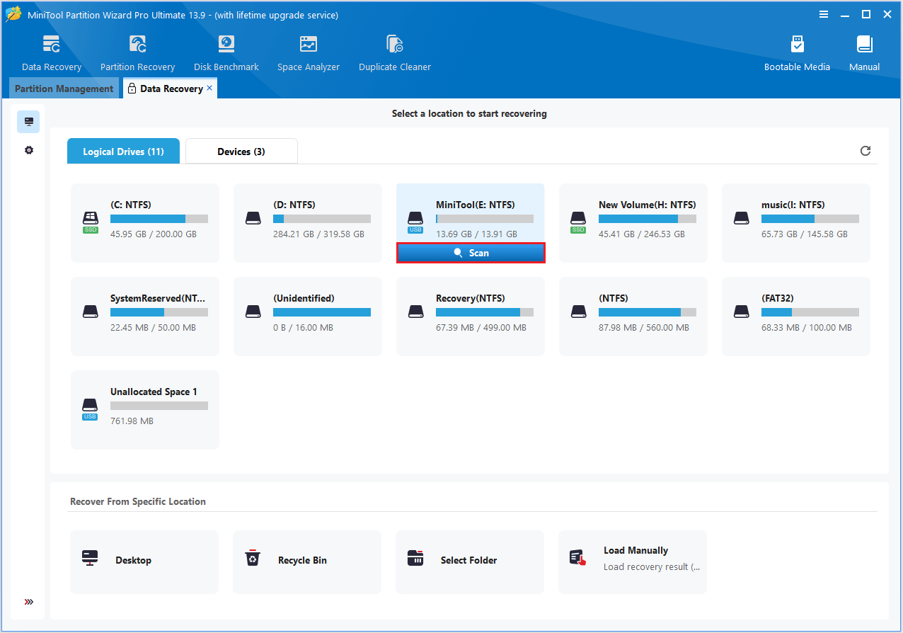 The Data Recovery interface with the selected Scan option.