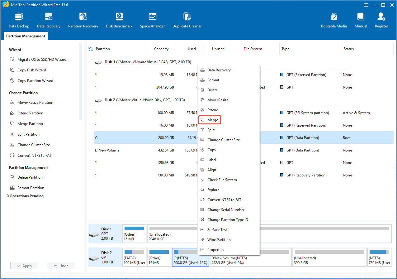MiniTool Partition Wizard interface with the selected merge feature in the C drive right click menu.