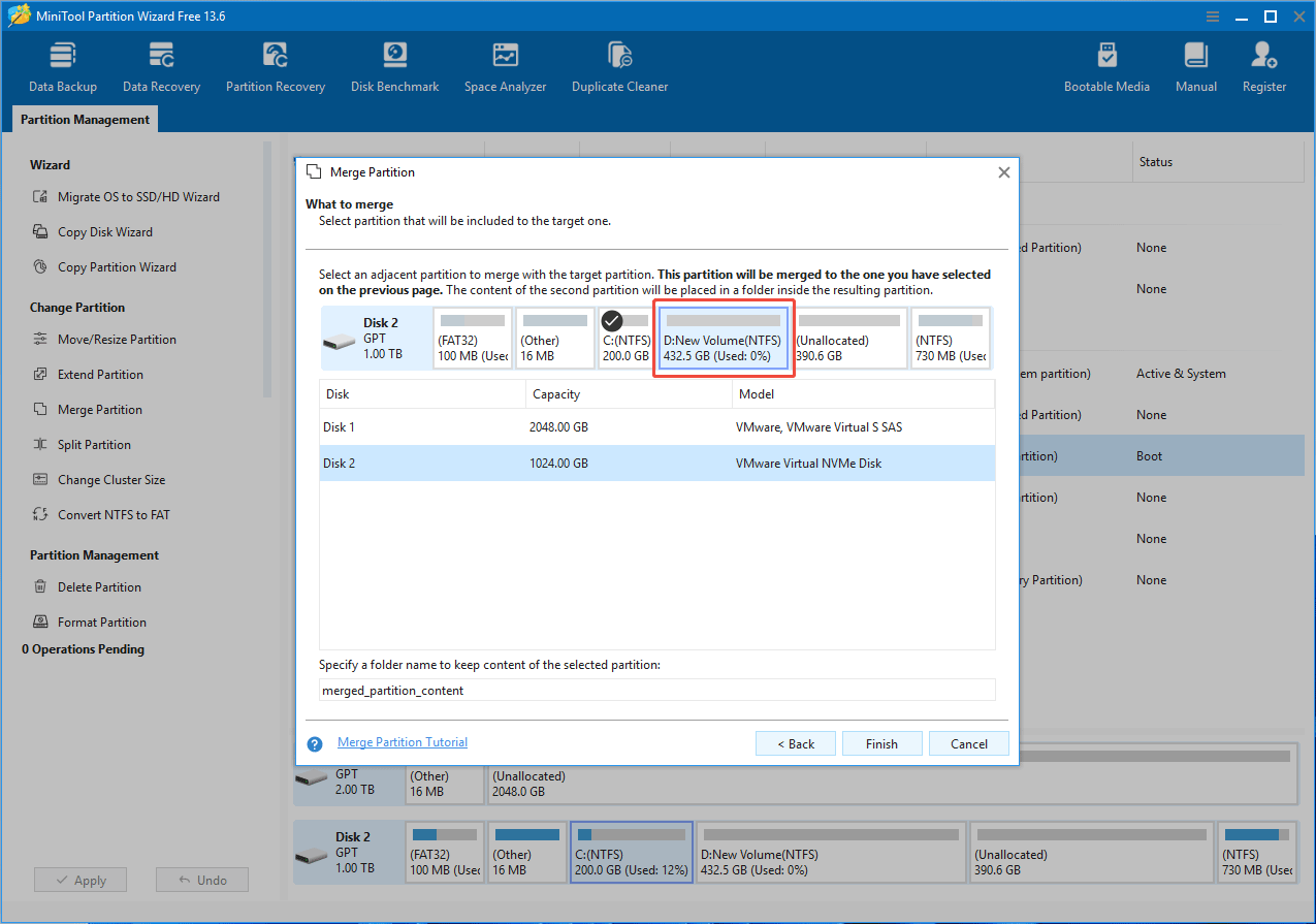 MiniTool Partition Wizard interface with the Merge Partition window asking you what to merge.