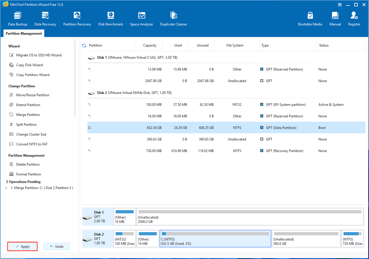 MiniTool Partition Wizard interface with the selected Apply button.