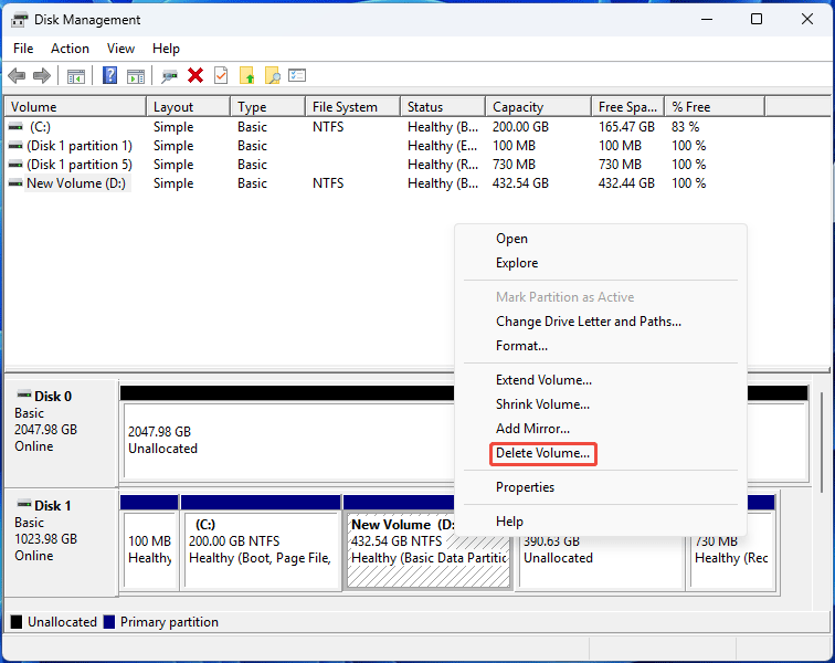Disk Management interface with the selected Delete Volume option in the D drive right click menu.