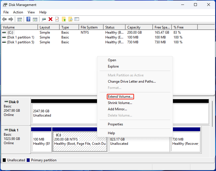 Disk Management interface with the selected Extend Volume option in the C drive right click menu.