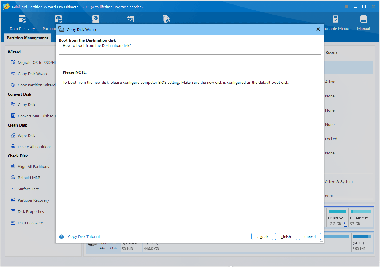 The MiniTool Partition Wizard interface with the note information window shown.