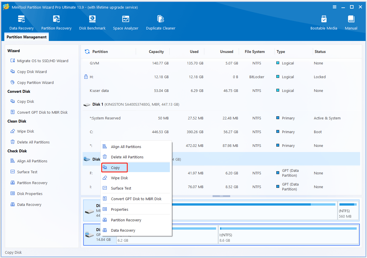 The MiniTool Partition Wizard interface with the Copy option selected.