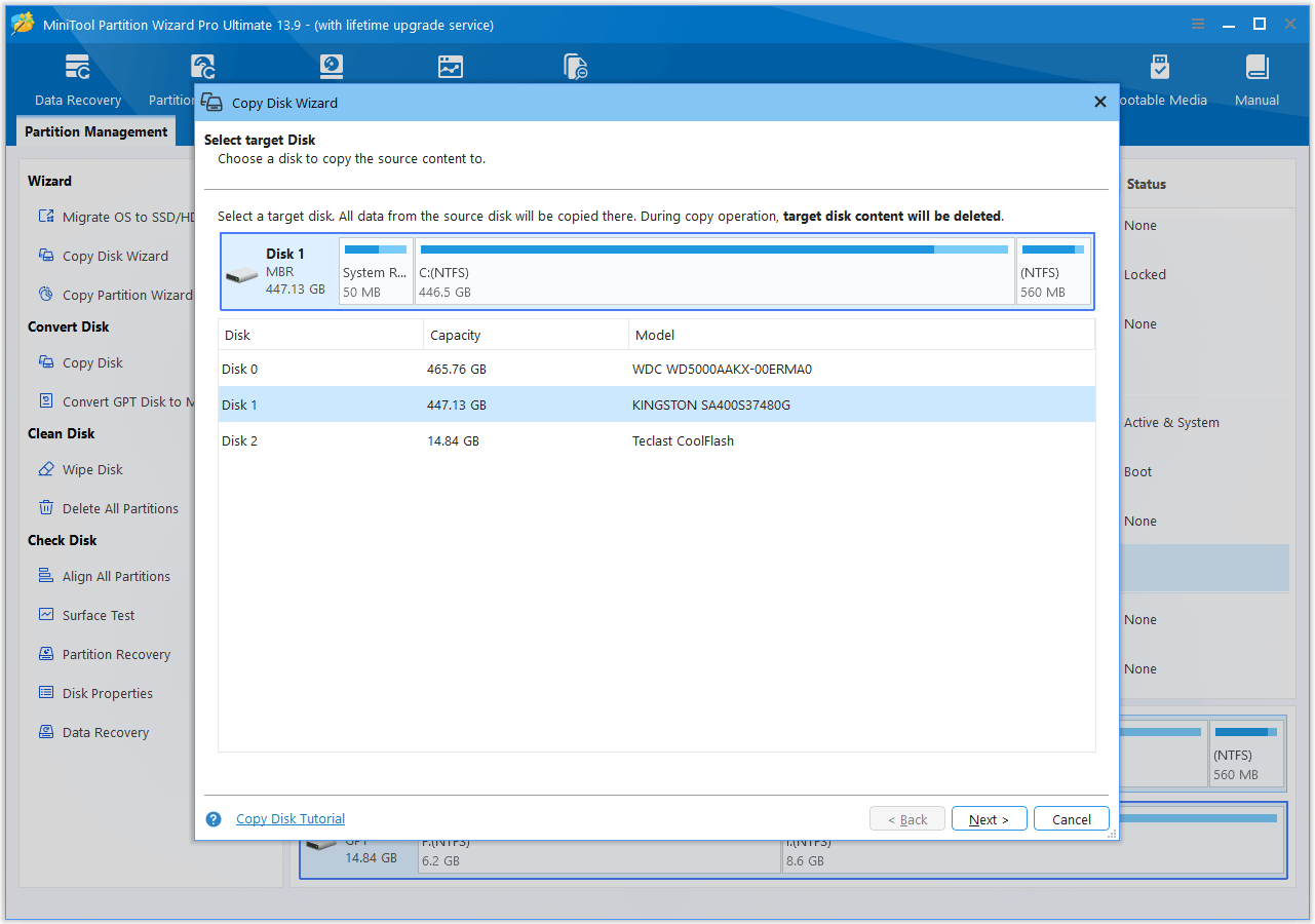 The MiniTool Partition Wizard interface with the target disk selection window shown.