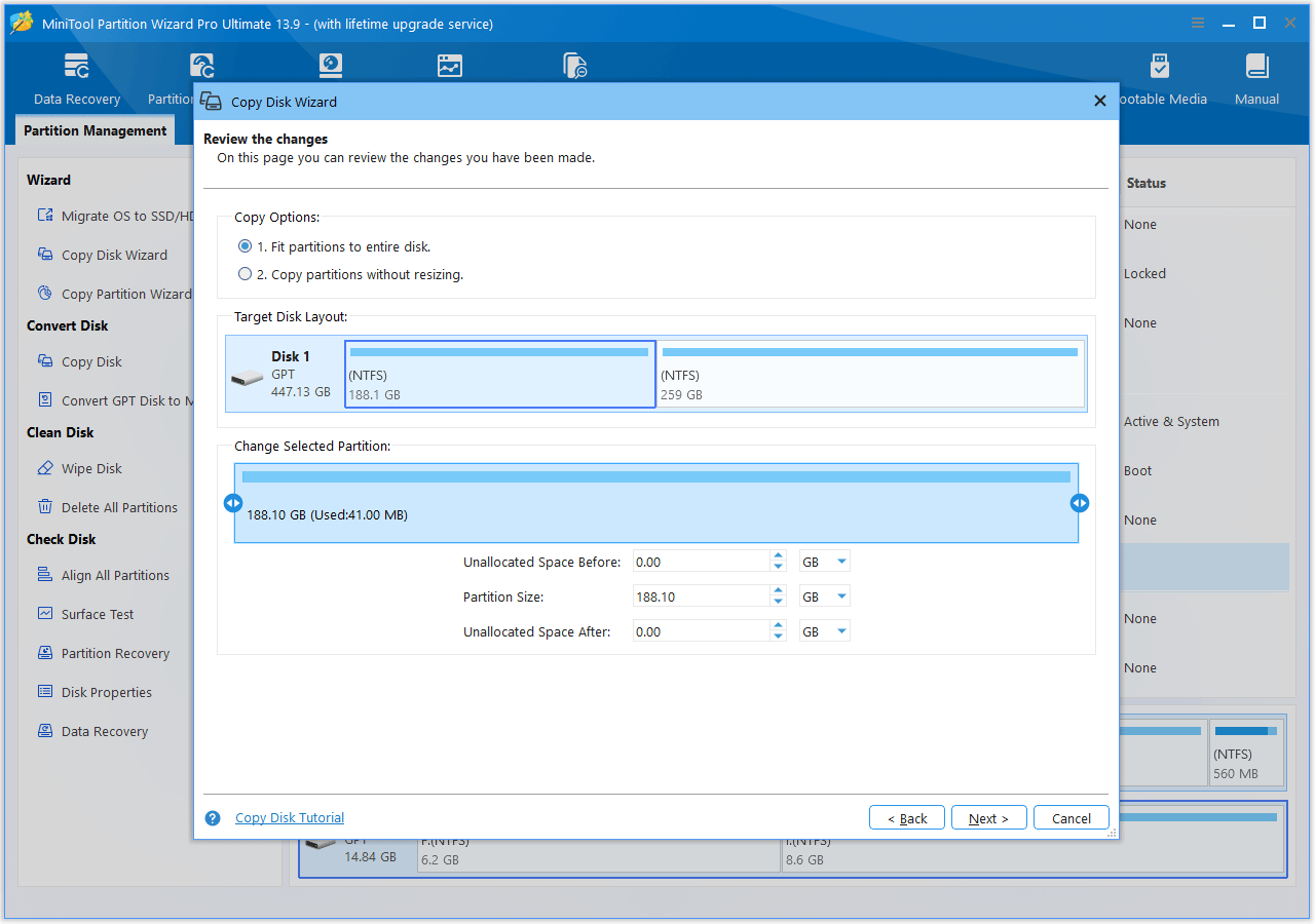 The MiniTool Partition Wizard interface with the adjustments window shown.