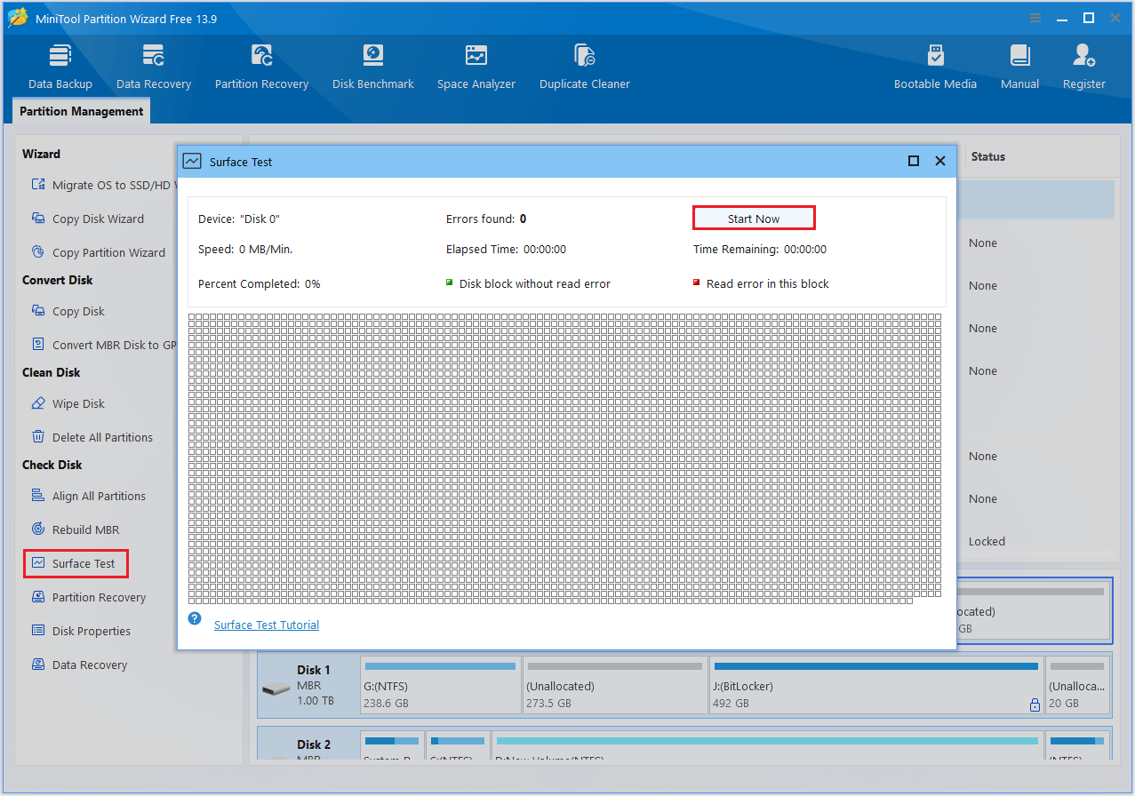 The Surface Test interface with the Scan Now option.