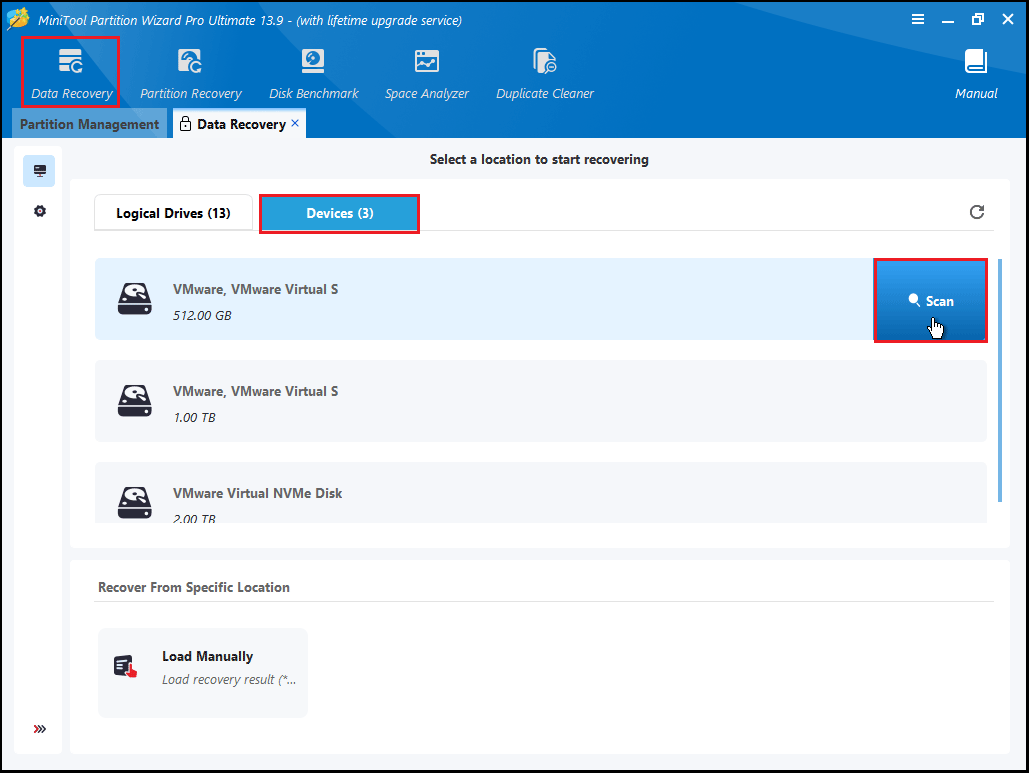 The MiniTool Partition Wizard interface of Data Recovery window, with the selected the Scan option.