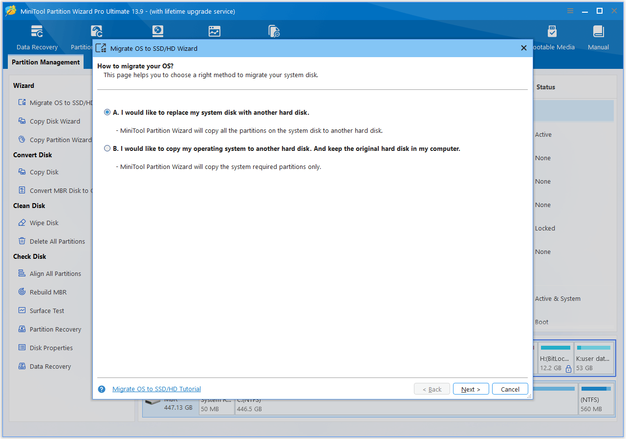 The MiniTool Partition Wizard interface with the choosing methods to migrate window shown.
