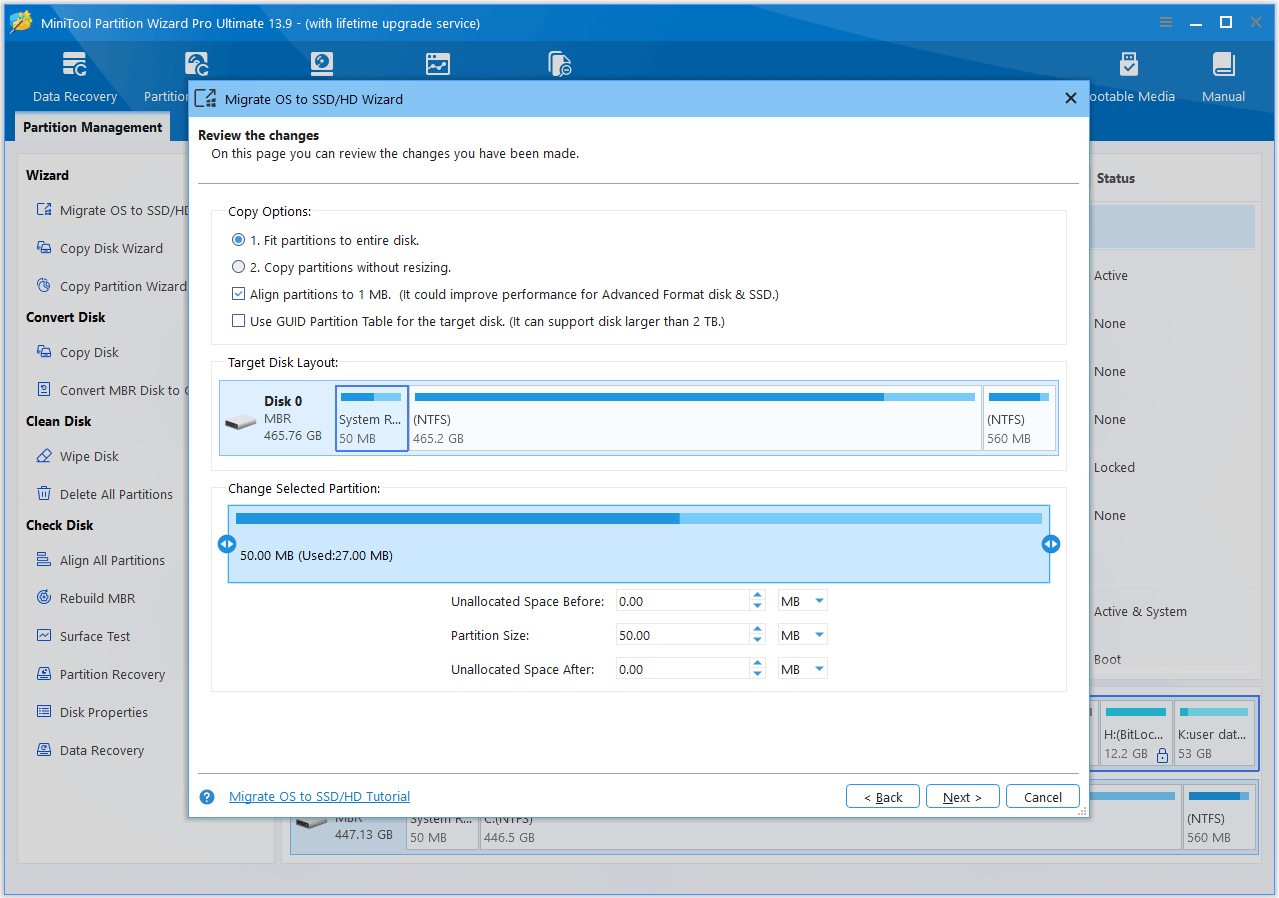 The MiniTool Partition Wizard interface with the adjust settings window shown.