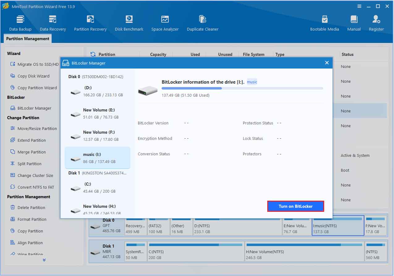 MiniTool Partition Wizard interface with BitLocker Manager window opened, and the Turn on BitLocker button highlighted.