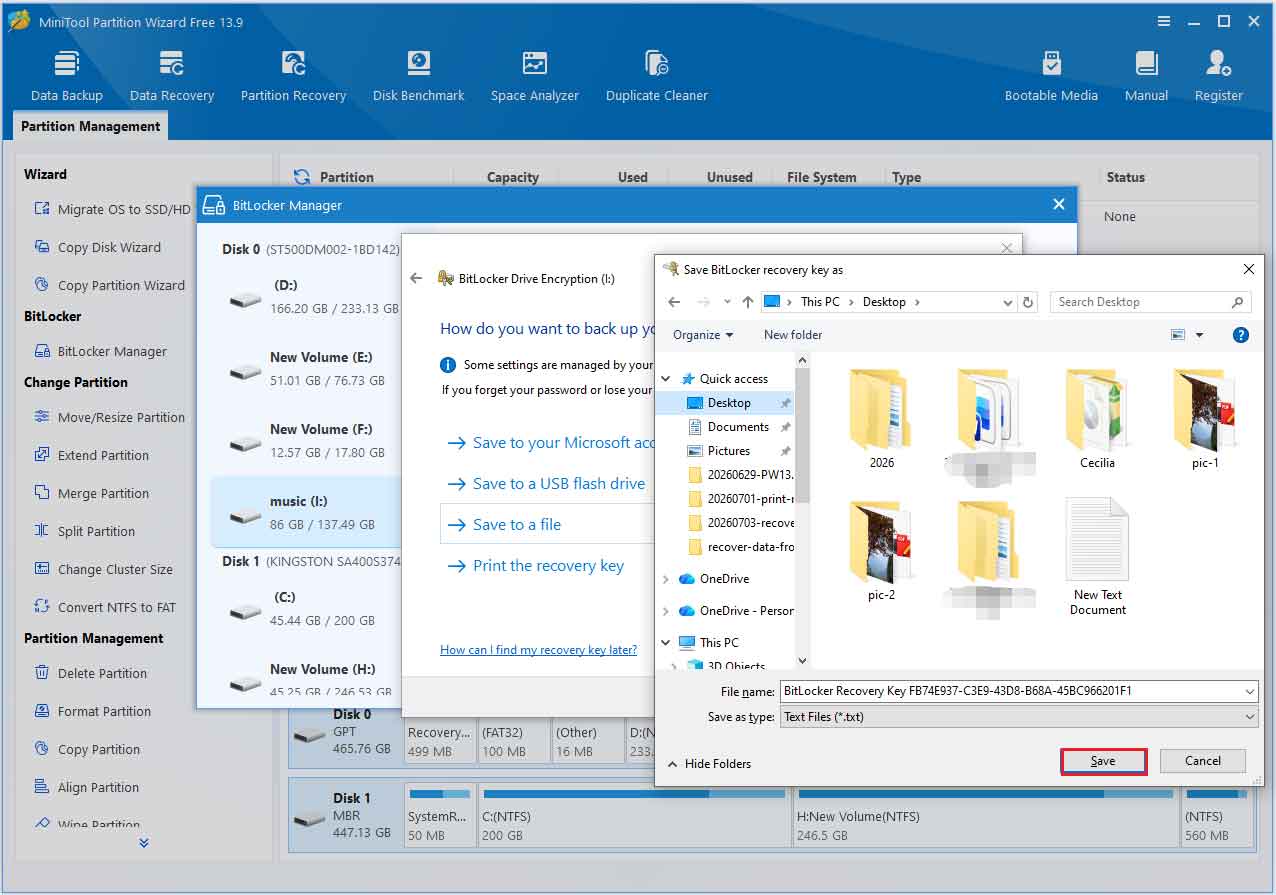 The BitLocker Drive Encryption window where to choose a method to save the recovery key.