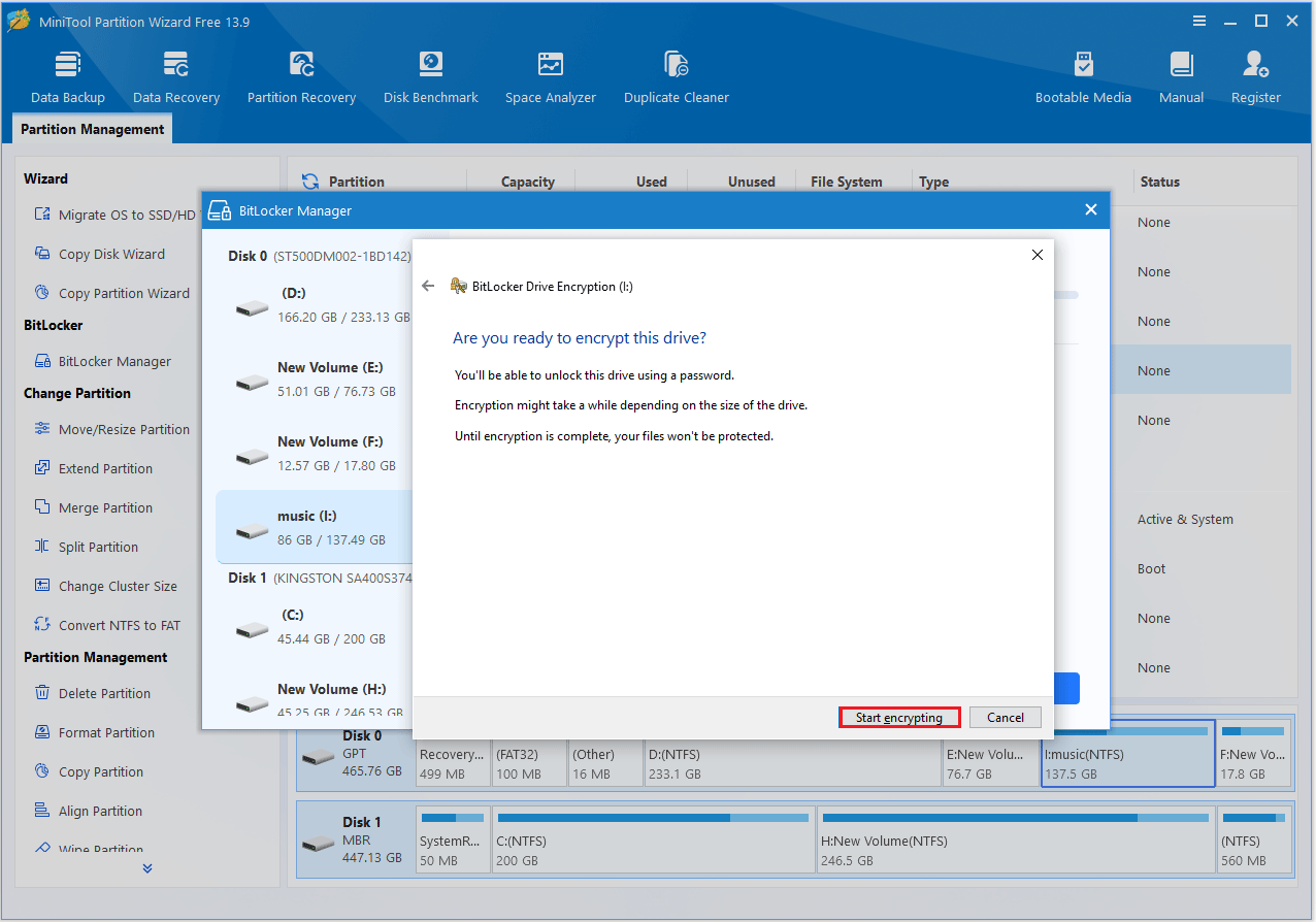 The BitLocker Drive Encryption window where the Start encrypting button is highlighted. After it finishes, click the refresh icon to update the status.