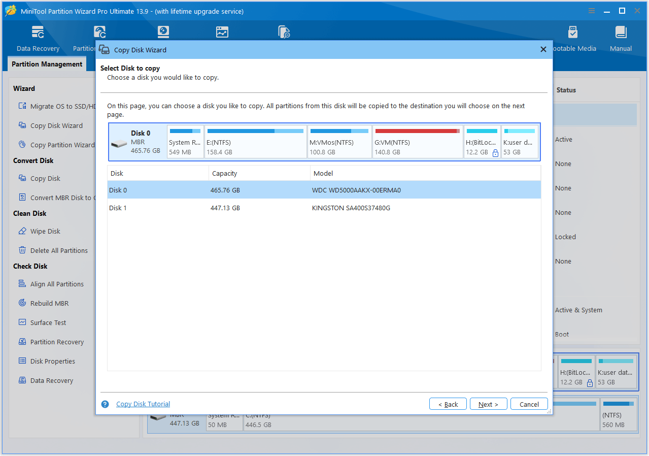 The MiniTool Partition Wizard interface with the Select disk to copy window shown.