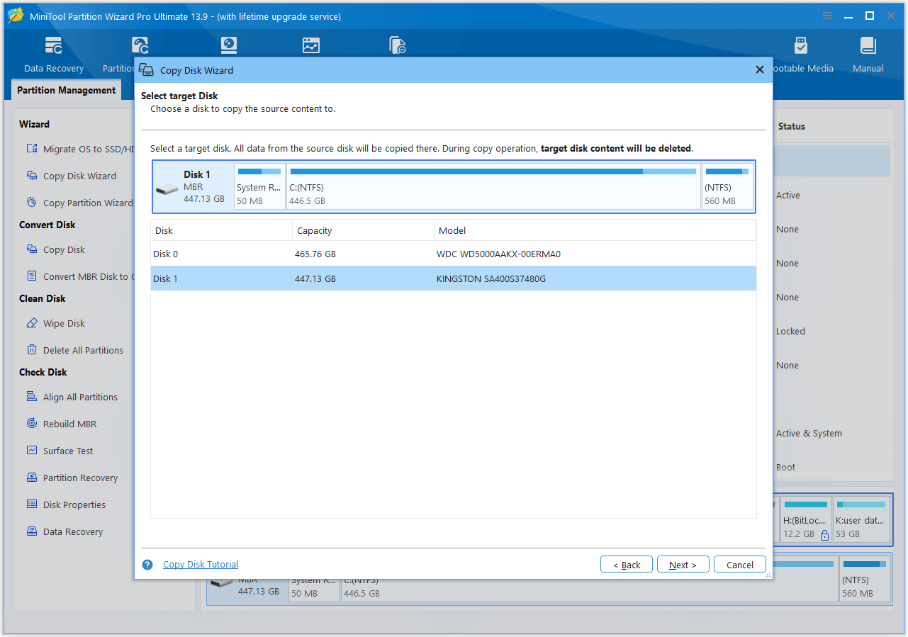The MiniTool Partition Wizard interface with the target disk selection window shown.