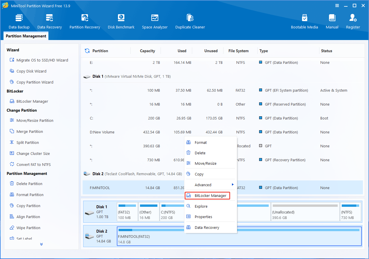 MiniTool Partition Wizard interface with the selected BitLocker Manager option.