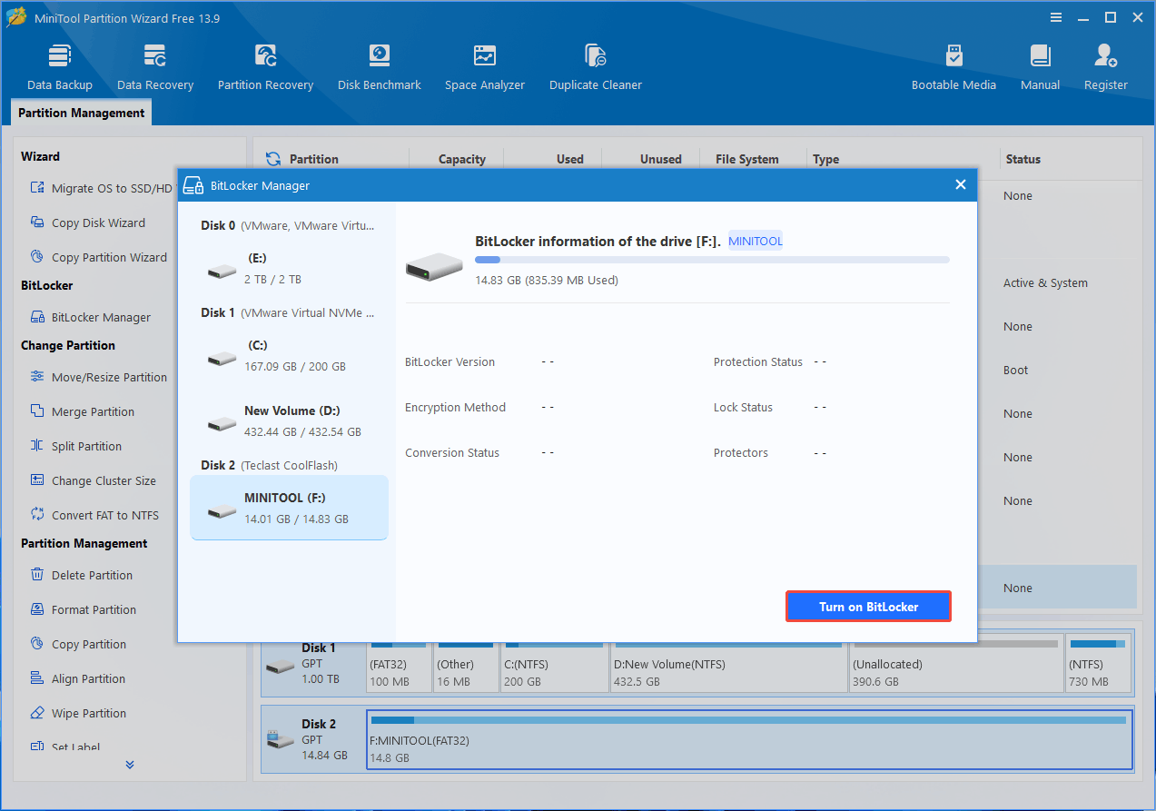 MiniTool Partition Wizard interface with the BitLocker Manager window and the selected Turn on BitLocker button.