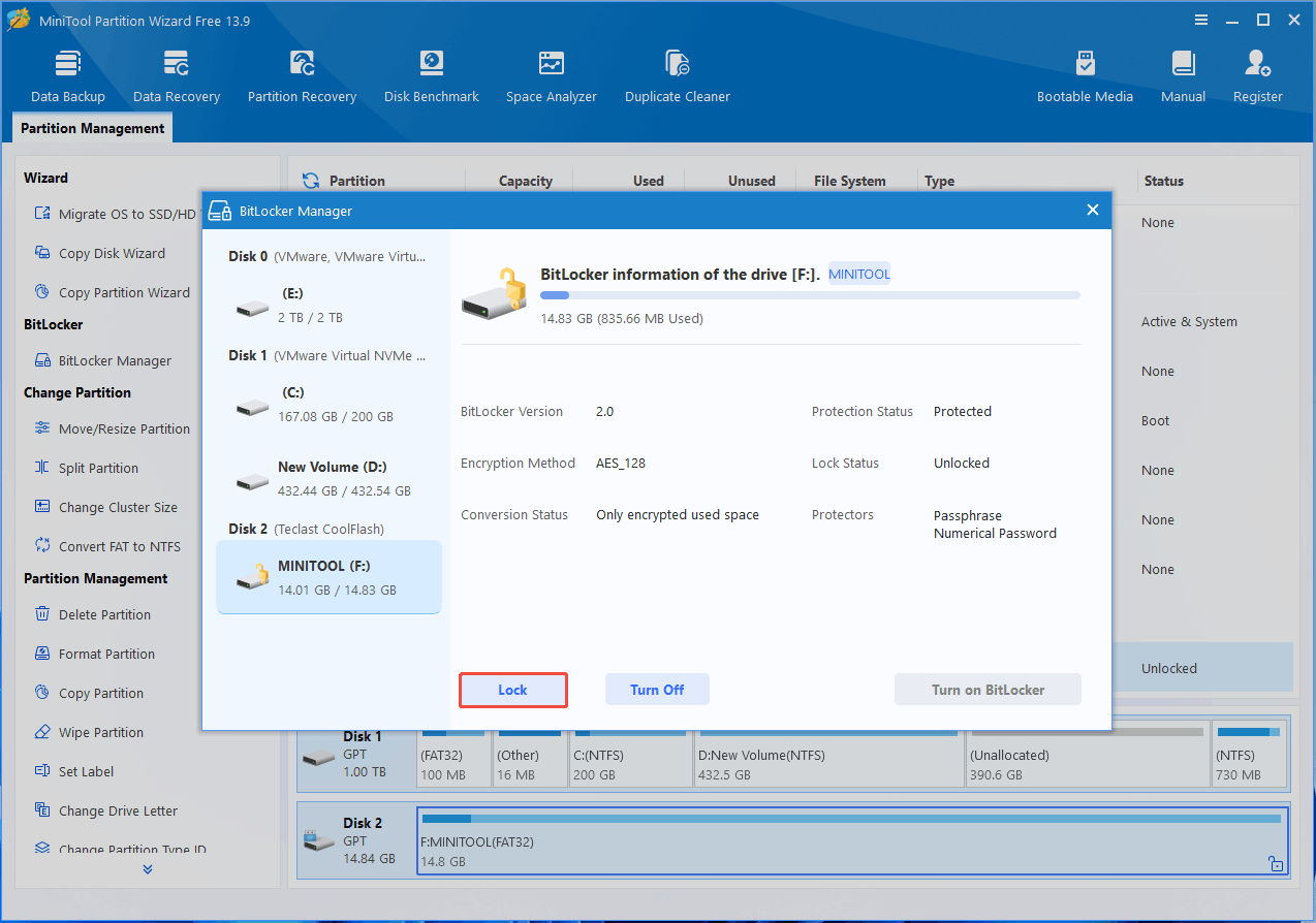MiniTool Partition Wizard interface with the BitLocker Manager window and the selected Lock button.
