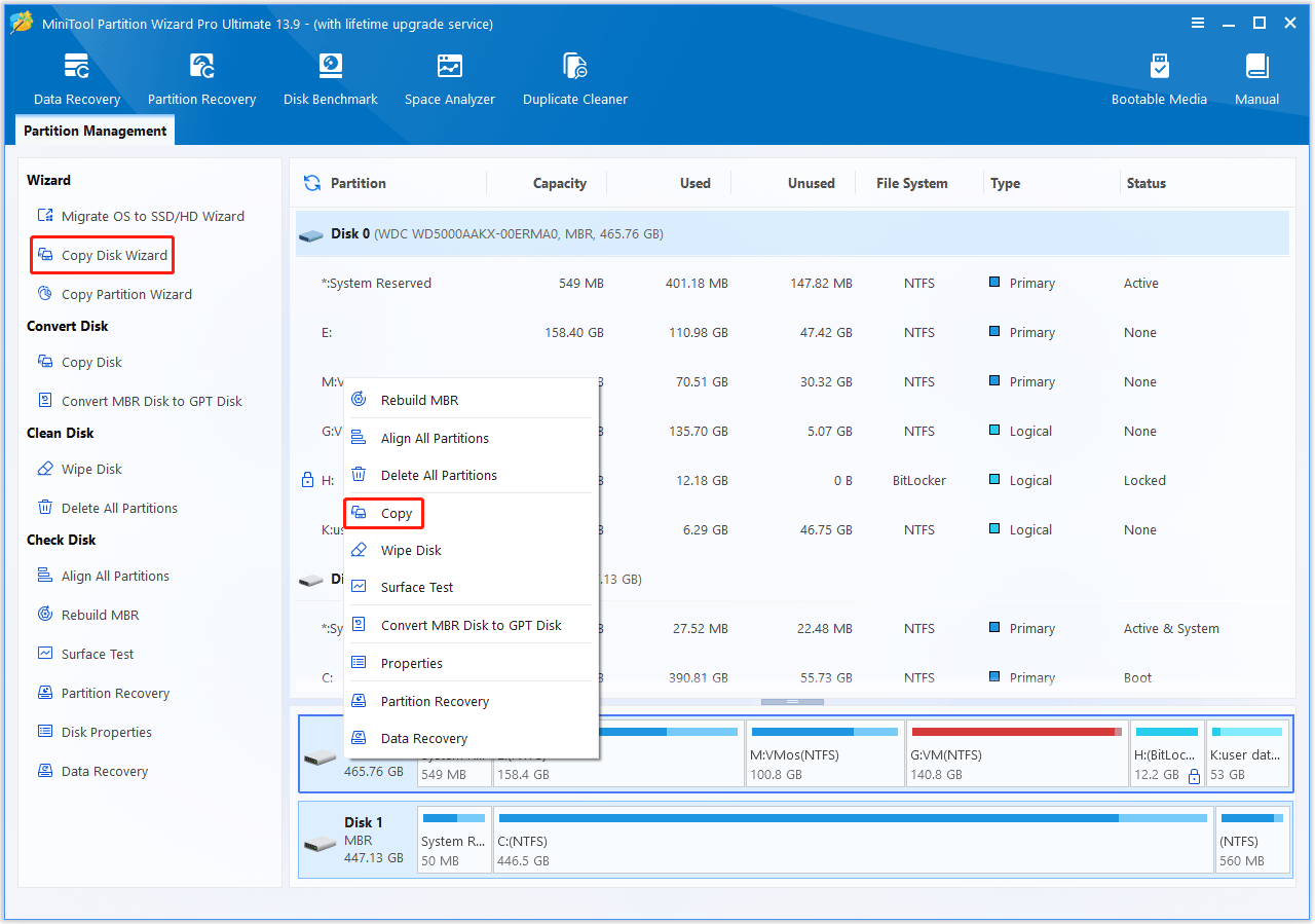 The MiniTool Partition Wizard interface with the Copy Disk Wizard option selected.