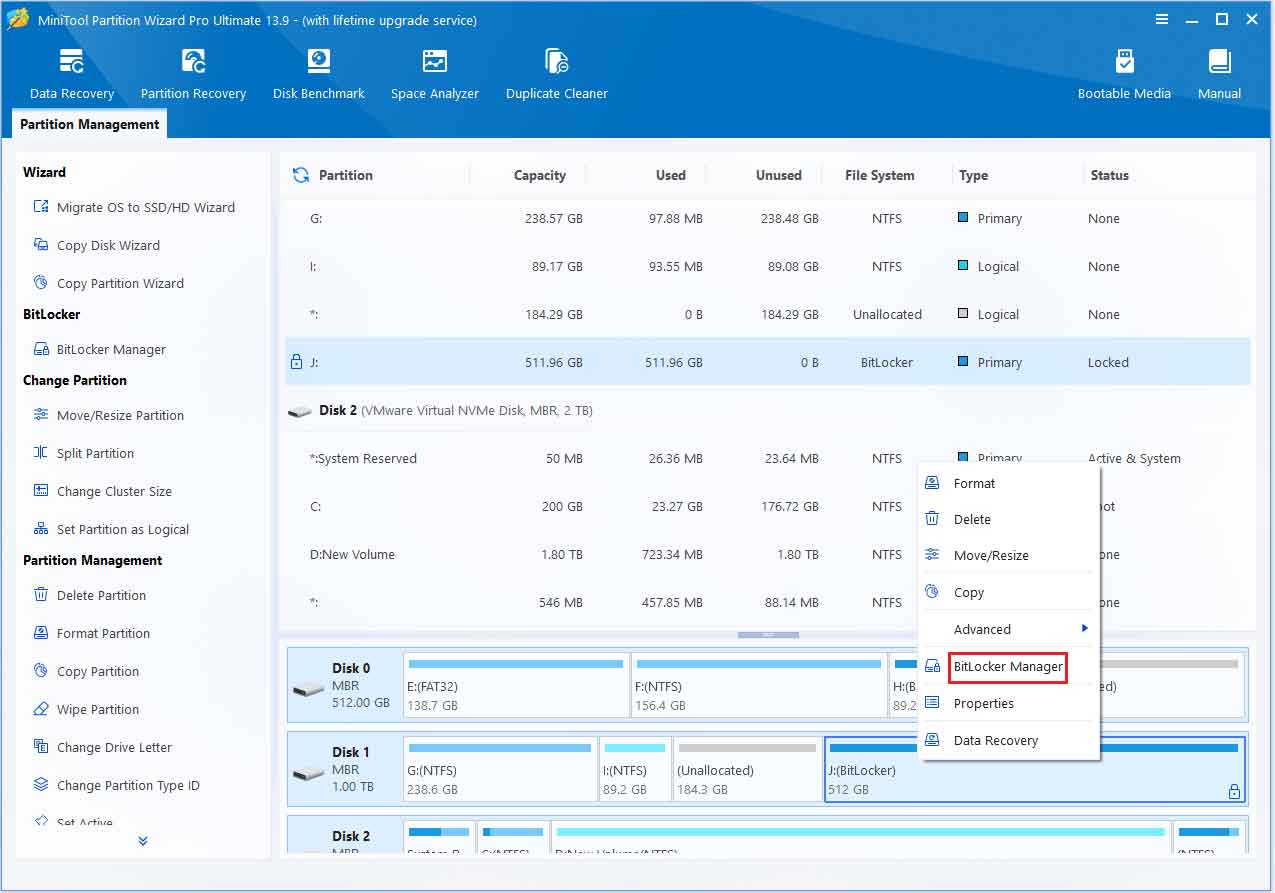 The MiniTool Partition Wizard main interface with the selected the BitLocker Manager feature.